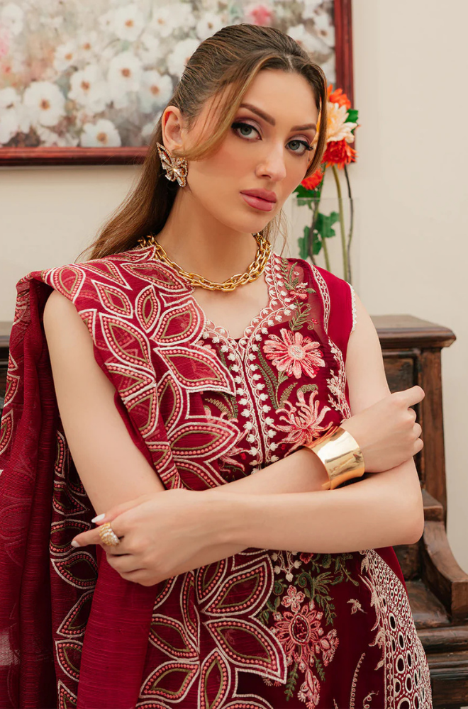 MAHNUR - 3PC Unstitched Lawn Embroidered Shirt with Embroidered Khadi Net Dupatta - ES 2160