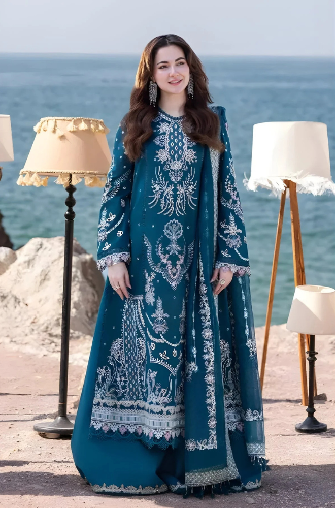 Qalamkar - 3PC Unstitched Lawn Heavy Embroidered Shirt with Printed and Embroidered Cotton Net Dupatta - ES 1087