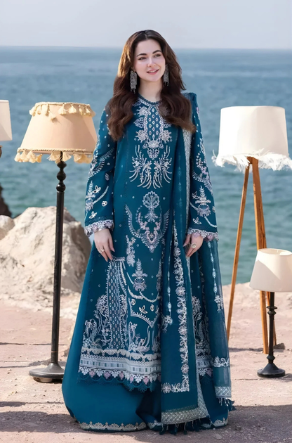Qalamkar - 3PC Unstitched Lawn Heavy Embroidered Shirt with Printed and Embroidered Cotton Net Dupatta - ES 1087