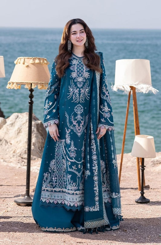 Qalamkaar - 3PC Unstitched Lawn Heavy Embroidered Shirt with Printed and Embroidered Cotton Net Dupatta - ES1087