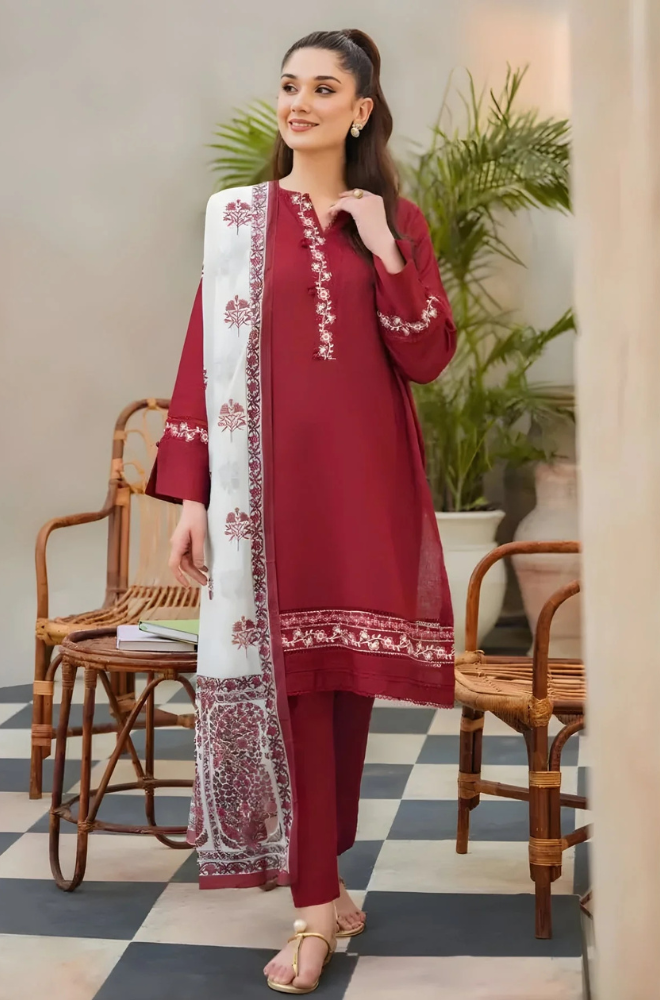 ZIVA - 3PC Unstitched Khaddar Embroidered Shirt with Tissue Silk Dupatta and Plain Trouser - ES 2121