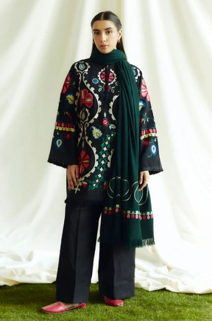 Zara Shah Jahan - 3PC Unstitched Dhanak Embroidered Shirt with Printed  Shawl and Trouser - ES1033