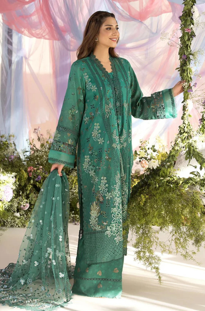 Sobia Nazir - 3PC Unstitch Lawn Embroidered Shirt with Embroidered Bamber Chiffon Dupatta - ES 2156
