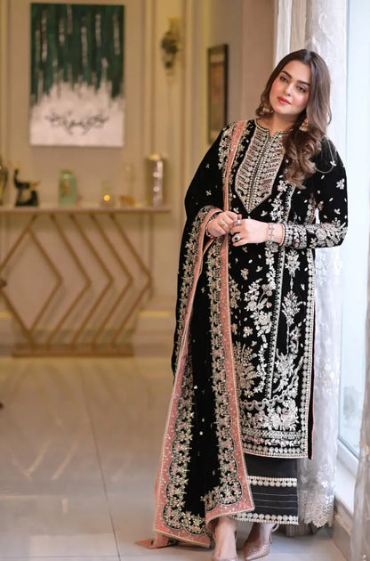 Aneelas - 3PC Unstitched Cotton Embroidered Shirt with Embroidered Chiffon Dupatta - ES 2214