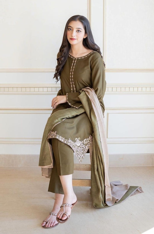 Aisling - 3PC Unstitched Dhanak Embroidered Shirt with Dhanak Shawl and Trouser - ES1195
