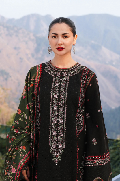Hussain Rehar - 3PC Unstitched Dhanak Embroidered Shirt with Digital Printed shawl and Embroidered Trouser- ES 1710