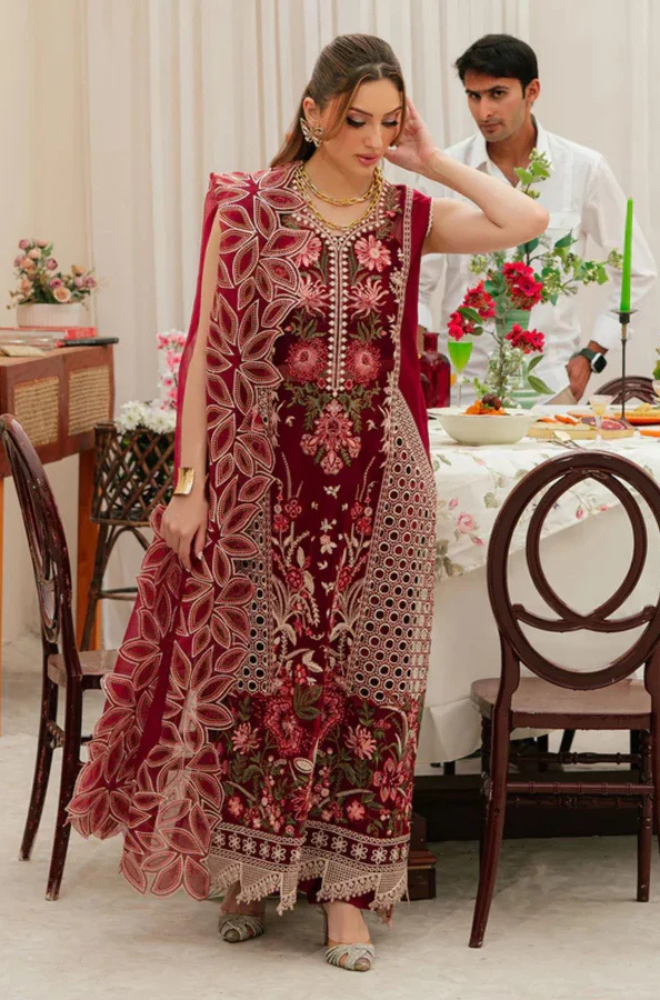 MAHNUR - 3PC Unstitched Lawn Embroidered Shirt with Embroidered Khadi Net Dupatta - ES 2160