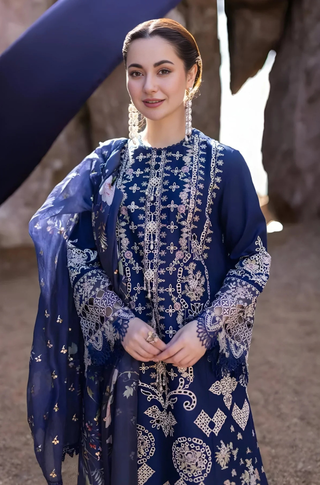 Qalamkaar - 3PC Unstitched Lawn Heavy Embroidered Shirt with Printed Slub Net Dupatta - ES 1085