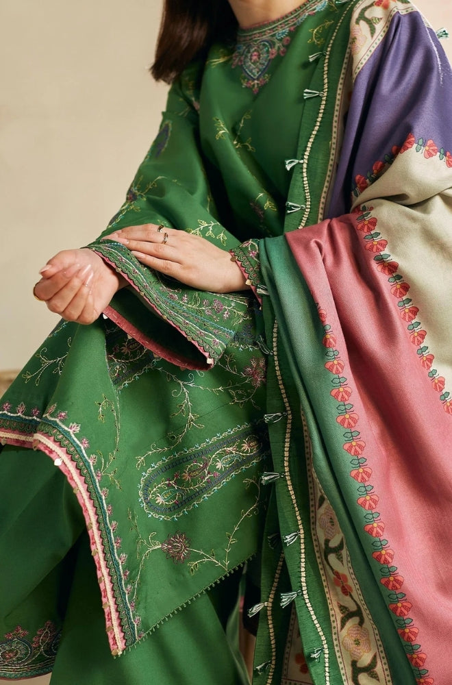 Zara Shah Jahan - 3PC Unstitched Dhanak Embroidered Shirt with Digital Printed Dhanak Shawl and Trouser- ES1046