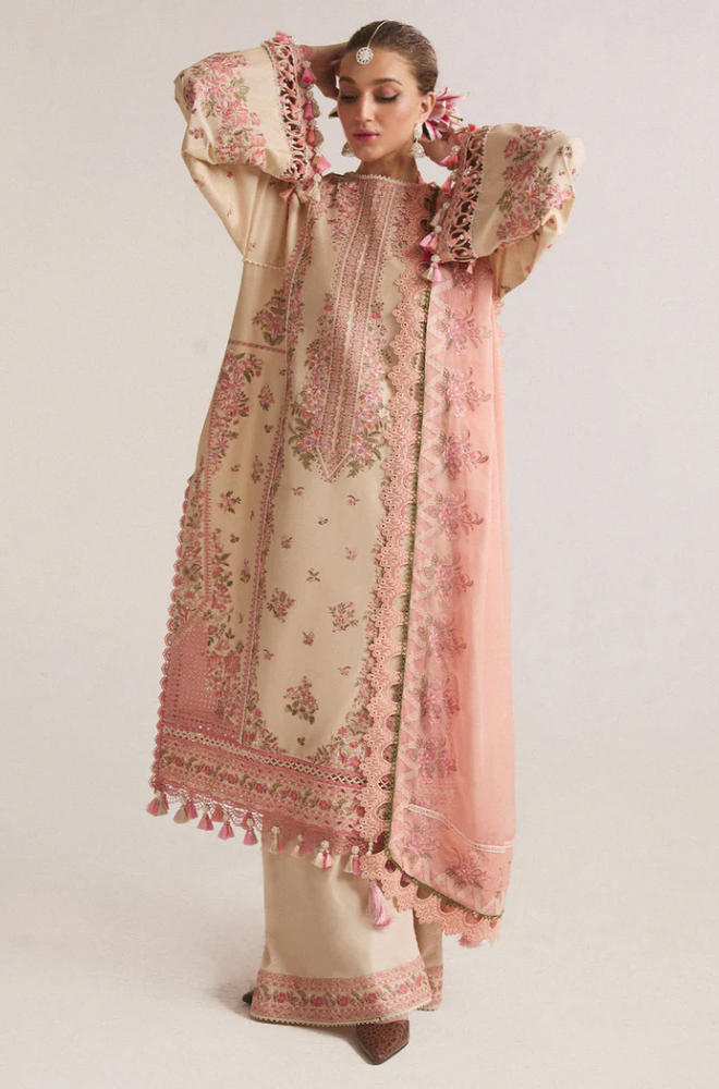 Hussain Rehar - 3PC Unstitched Dhanak Embroidered Shirt with Digital Printed shawl and Embroidered Trouser- ES 1709