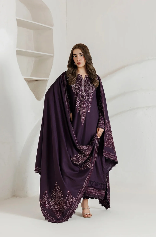 Daria - 3PC Unstitched Dhanak Embroidered Shirt with Dhanak Embroidered Dupatta and Trouser-8001