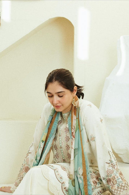 Zara Shah Jahan - 3PC Unstitched Lawn Embroidered Shirt with Digital Printed Silk Dupatta and Embroidery Trousers - ES1013