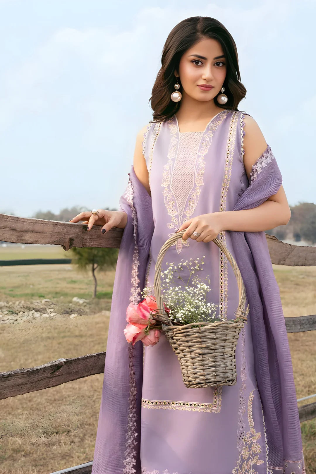 Izel - 3PC Unstitched Lawn Embroidered Shirt with Cotton Net Embroidered Dupatta and Trouser -ES 2405