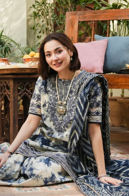 Maria B-3PC Lawn Printed Shirt with Embroided Patches and Printed Dubatta and Trousers-ES1601