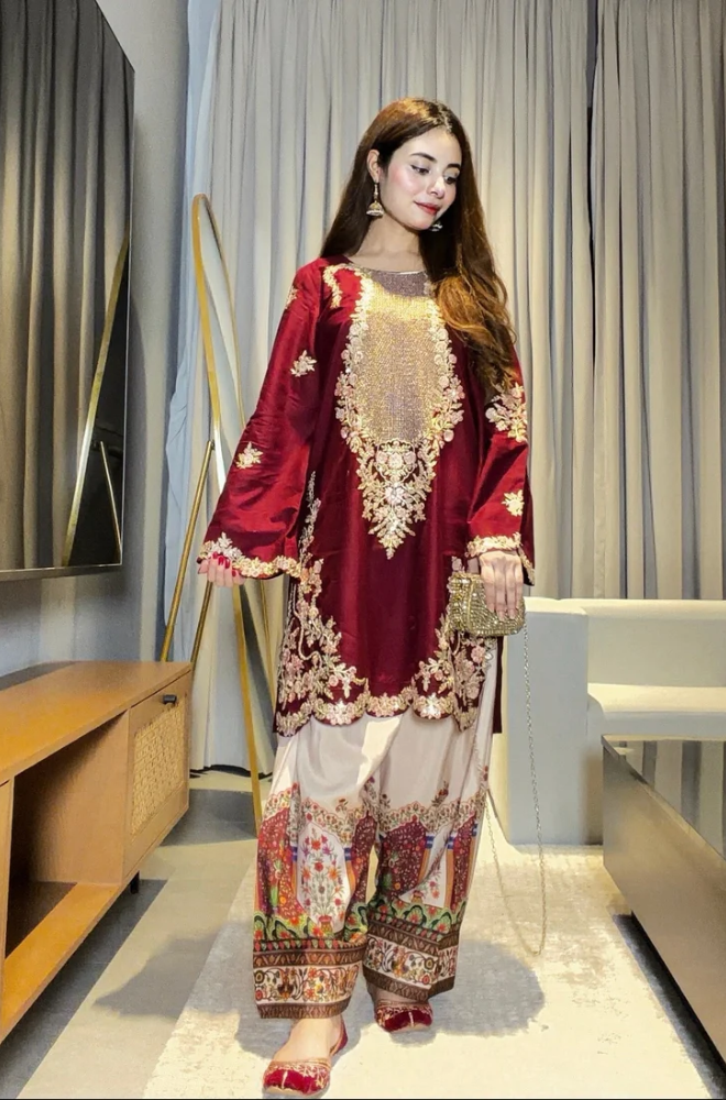 Ethnic-SILK 2 Piece Emroidered Shirt With Printed trousers-ES 8010