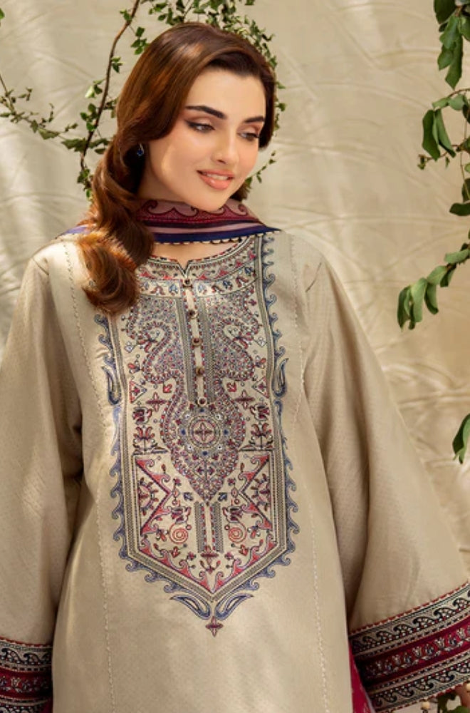 Jazmin - 3PC Unstitched Dhanak Embroidered Shirt with Digital Printed kotrai Shawl - ES 1812