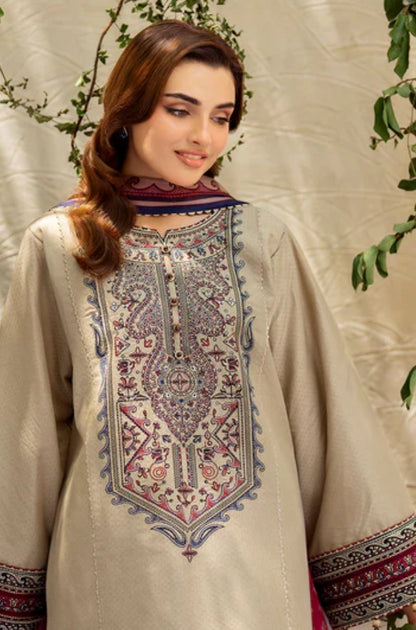 Jazmin - 3PC Unstitched Dhanak Embroidered Shirt with Digital Printed kotrai Shawl - ES 1812