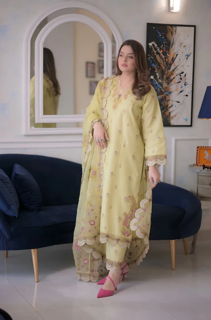 Aneelas - 3PC Unstitched Lawn Embroidered Shirt with Cotton Net Embroidered Dupatta and Trouser -ES3007