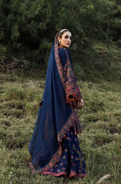 Hussain Rehar - 3PC Fully Embroidered Front With Dhanak Embroidered Shawl With 4 Side Embroidered Lace - ES 1802