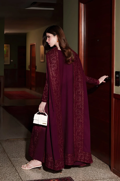 Zaib - 3PC Unstitched Dhanak Embroidered Shirt with Dhanak Embroidered shawl and Trouser -ES 8013