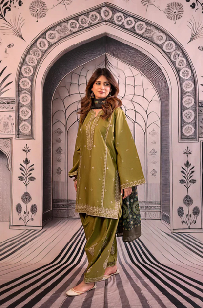 Urge- 3PC Unstitched Dhanak Embroidered Shirt with Digital Printed shawl and Embroidered Trouser- ES 1707