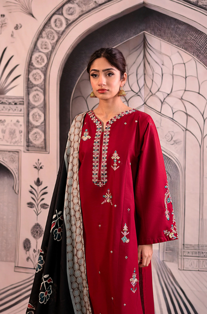 Urge- 3PC Unstitched Dhanak Embroidered Shirt with Digital Printed shawl and Embroidered Trouser- ES 1708