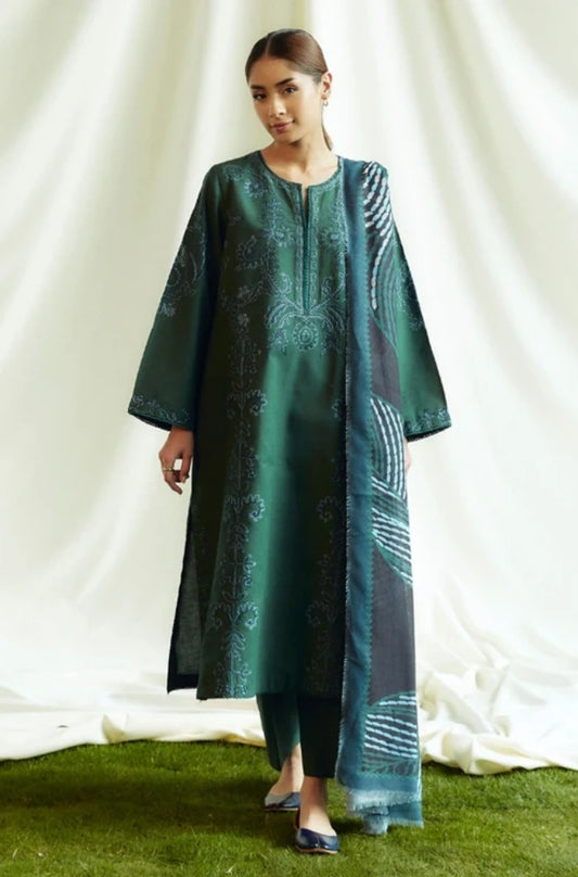 Zara Shah Jahan - 3PC Unstitched Dhanak Embroidered Shirt with Printed Shawl and Trouser - ES1037