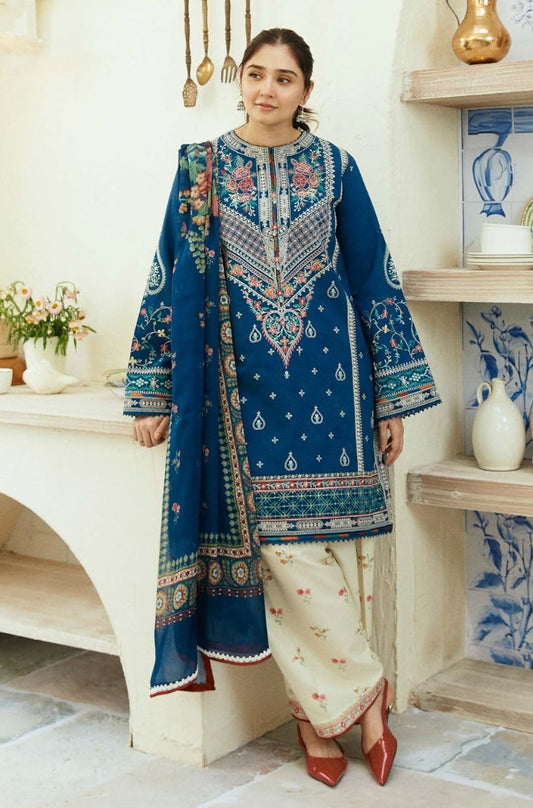 Zara Shah Jahan - 3PC Unstitched Lawn Embroidered Shirt with Digital Printed Silk Dupatta and Embroidered Trousers - ES1015