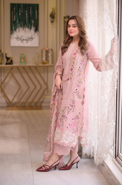 Aneelas - 3PC Unstitched Lawn Embroidered Shirt with Embroidered Chiffon Dupatta - ES 2170
