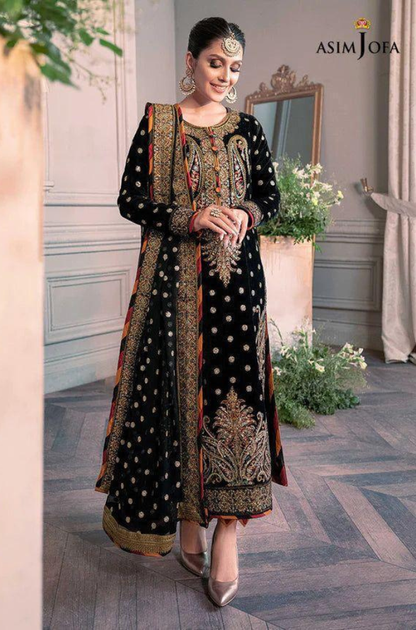 ASIM JOFA - 3PC Unstitched Velvet Embroidery Suit with Net Embroidery Dupatta and Stain Silk Trouser - ES 2054