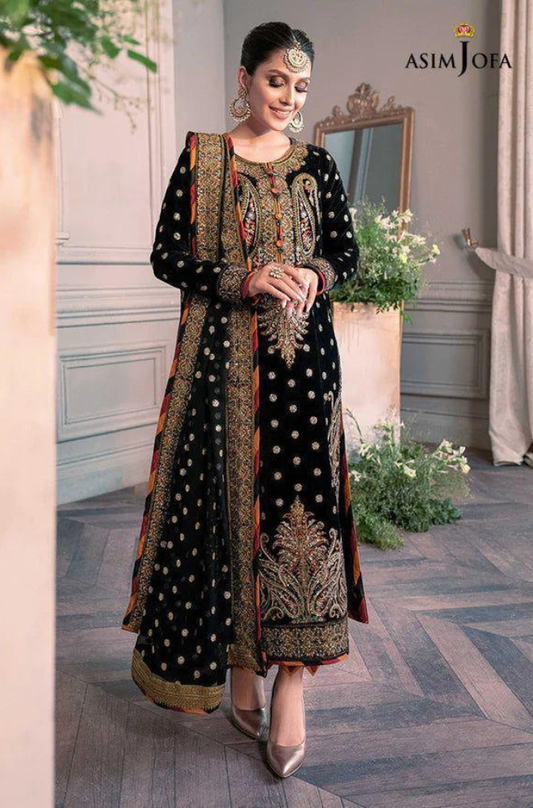 ASIM JOFA - 3PC Unstitched Velvet Embroidery Suit with Net Embroidery Dupatta and Stain Silk Trouser - ES 2054
