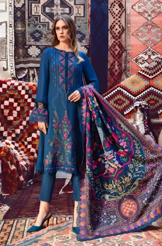 Maria B - 3PC Unstitched Dhanak Embroidered Shirt with Digital Printed Dupatta and Trouser - ES 2115