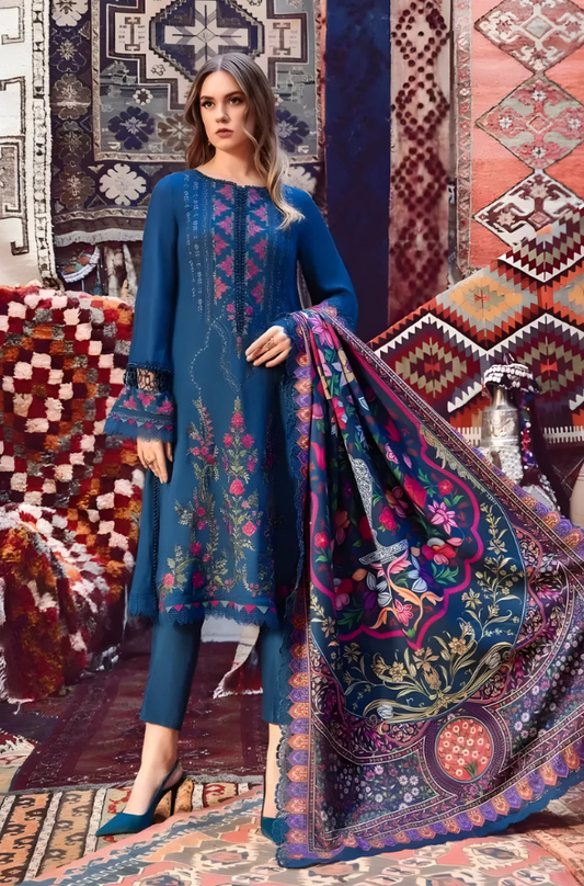 Maria B - 3PC Unstitched Dhanak Embroidered Shirt with Digital Printed Dupatta and Trouser - ES 2115