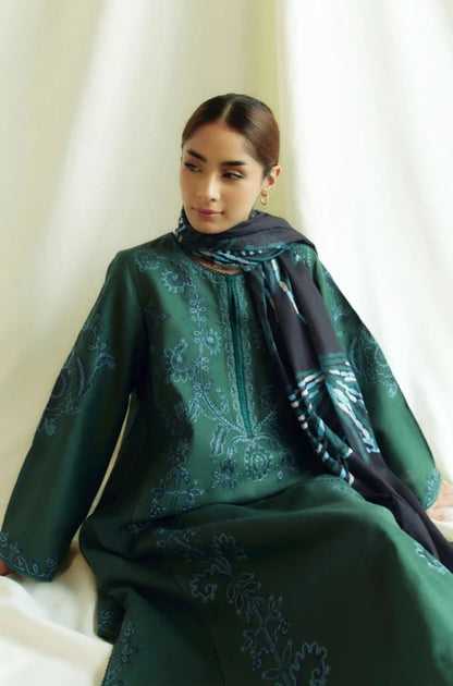 Zara Shah Jahan - 3PC Unstitched Dhanak Embroidered Shirt with Printed Shawl and Trouser - ES1037