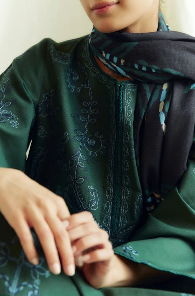 Zara Shah Jahan - 3PC Unstitched Dhanak Embroidered Shirt with Printed Shawl and Trouser - ES1037