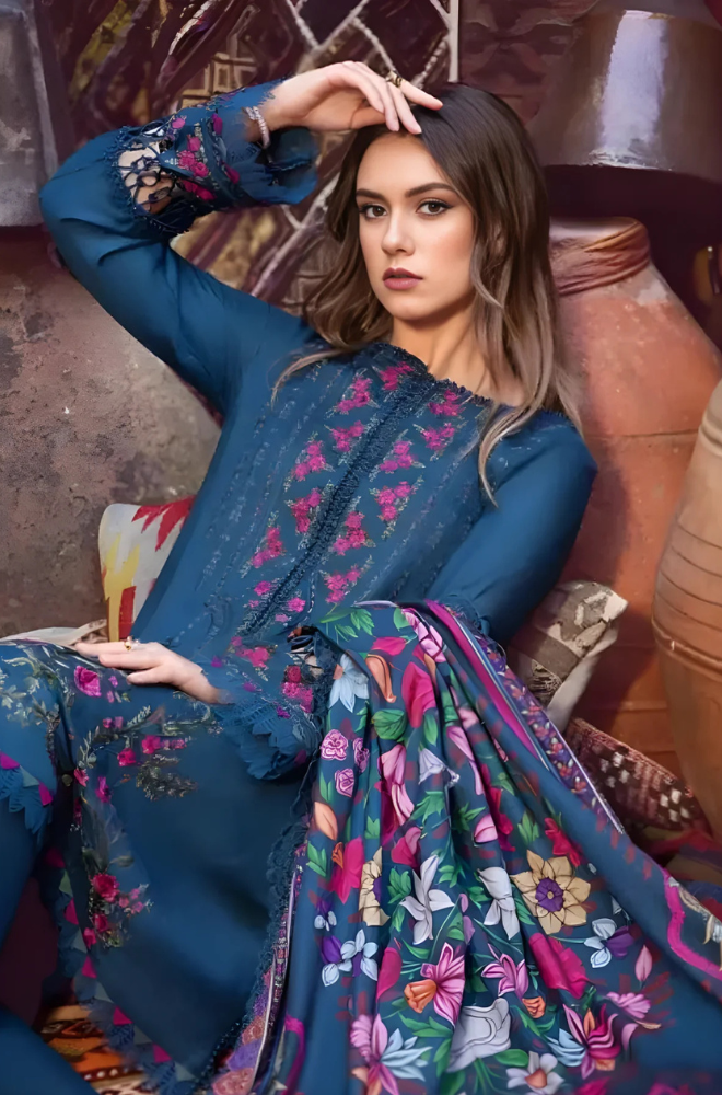 Maria B - 3PC Unstitched Dhanak Embroidered Shirt with Digital Printed Dupatta and Trouser - ES 2115