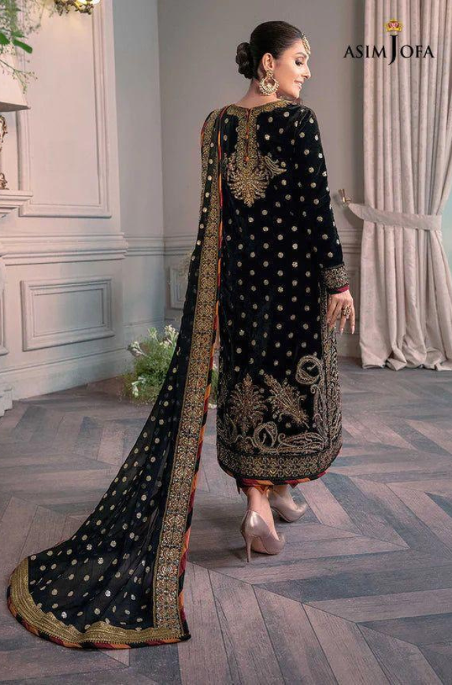 ASIM JOFA - 3PC Unstitched Velvet Embroidery Suit with Net Embroidery Dupatta and Stain Silk Trouser - ES 2054