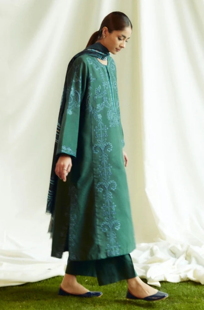 Zara Shah Jahan - 3PC Unstitched Dhanak Embroidered Shirt with Printed Shawl and Trouser - ES1037
