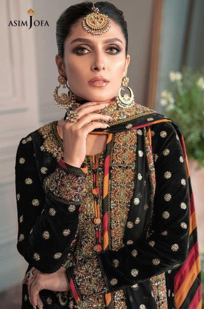 ASIM JOFA - 3PC Unstitched Velvet Embroidery Suit with Net Embroidery Dupatta and Stain Silk Trouser - ES 2054