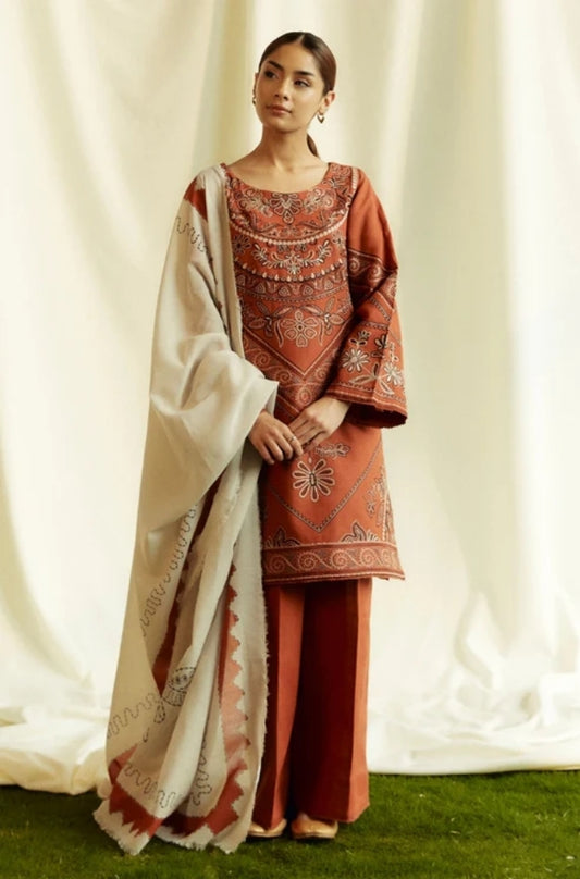 Zara Shah Jahan - 3PC Unstitched Dhanak Embroidered Shirt with Printed  Shawl and Trouser - ES1032