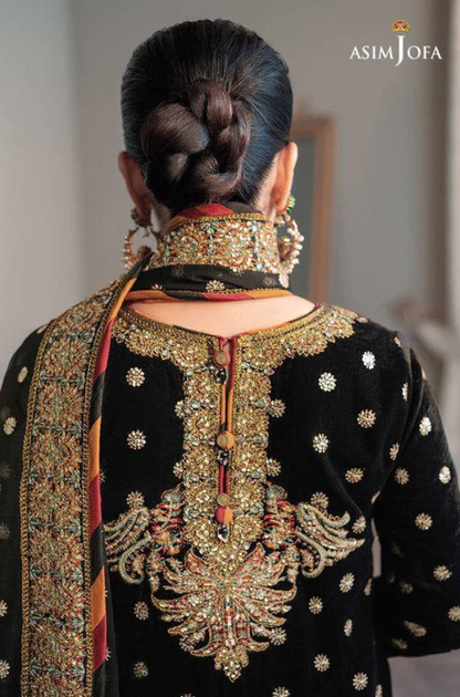 ASIM JOFA - 3PC Unstitched Velvet Embroidery Suit with Net Embroidery Dupatta and Stain Silk Trouser - ES 2054