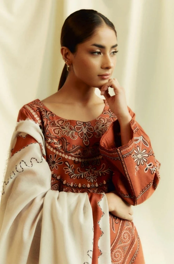 Zara Shah Jahan - 3PC Unstitched Dhanak Embroidered Shirt with Printed  Shawl and Trouser - ES1032