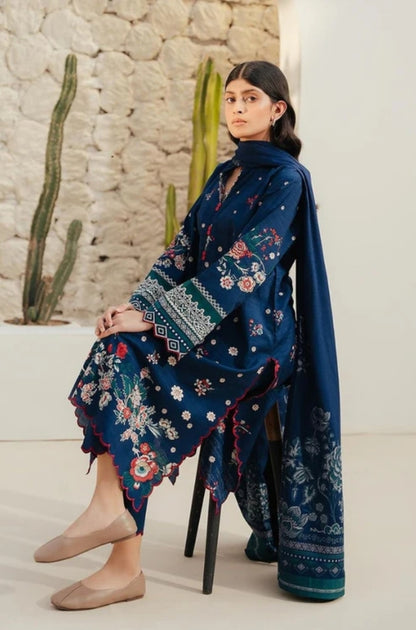 Beechtree - 3PC Unstitched Dhanak Embroidered Shirt with Dhanak Printed Dupatta and Trouser - ES1149