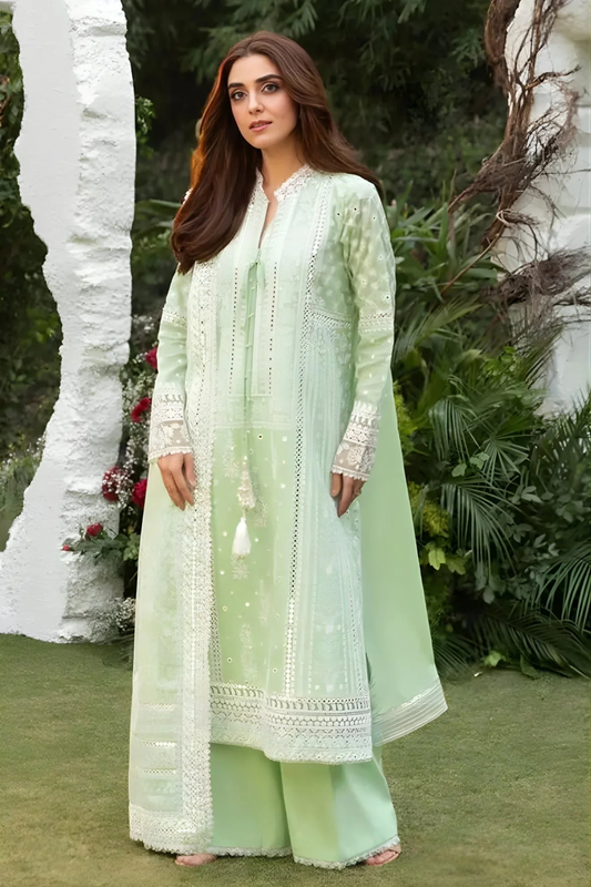 Sobia Nazir - 3PC Unstitched Lawn Embroidered Shirt with Embroidered Chiffon Dupatta - ES 2241
