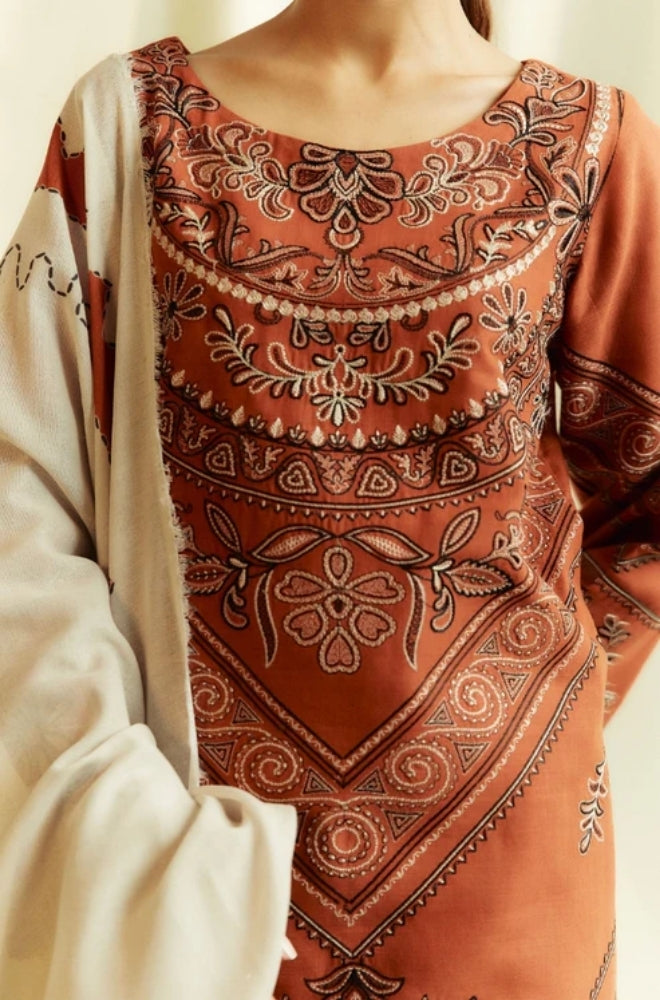 Zara Shah Jahan - 3PC Unstitched Dhanak Embroidered Shirt with Printed  Shawl and Trouser - ES1032