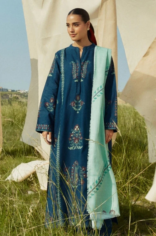 Zara Shah Jahan - 3PC Unstitched Dhanak Embroidered Shirt with Printed  Shawl and Trouser - ES1031