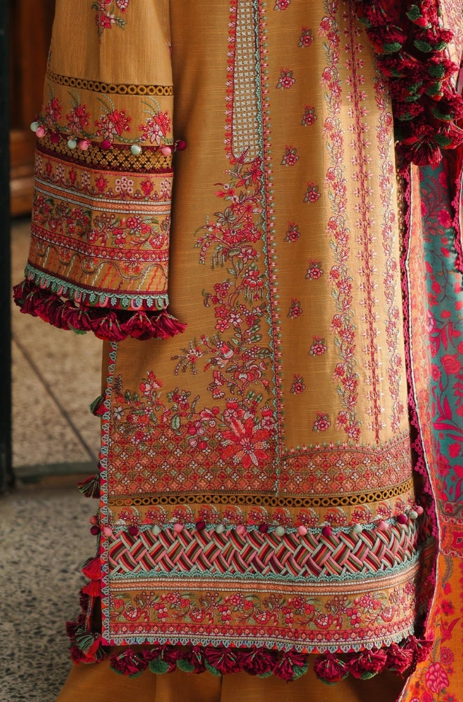 Hussain Rehar - 3PC Unstitched Dhanak Embroidered Shirt Printed Shawl With 4 Sided Embroidered Lace - ES 1813