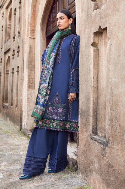 Maria.B - 3PC Unstitched Dhanak Embroidered Shirt With Dhanak Embroidered Shawl and Trouser - ES 1795