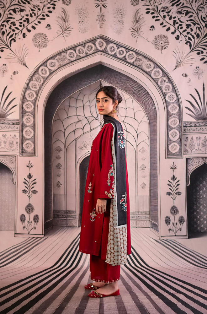 Urge- 3PC Unstitched Dhanak Embroidered Shirt with Digital Printed shawl and Embroidered Trouser- ES 1708