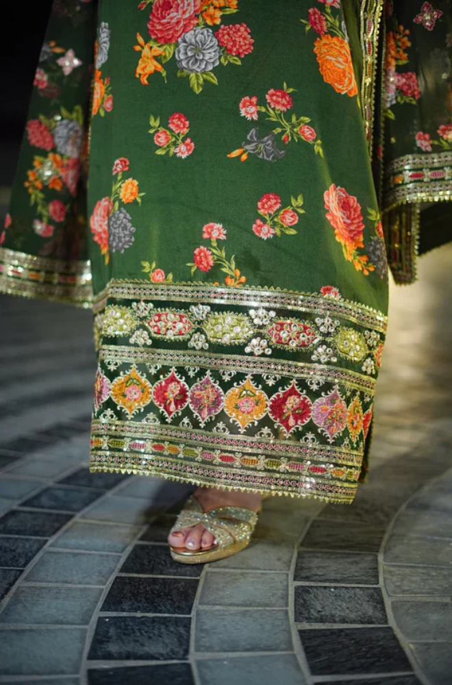 Aneela's - 3PC Unstitched Shamoz Silk Shirt With Digital Printed Silk Dupatta and Printed Shamoz Trouser - ES 1818